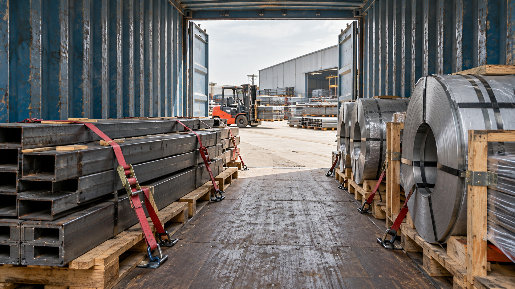 Open shipping container being loaded with industrial cargo